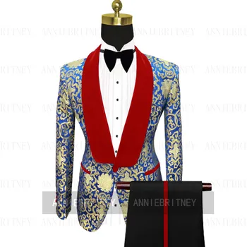 Trendi Crveni Baršunasti Odijelo s Cvjetnim Ispis, Muška Poslovna kožna Jakna, Šivana Po Mjeri, Muški Formalno Odijelo za Vjenčanje Hlače, Komplet od 2 Predmeta