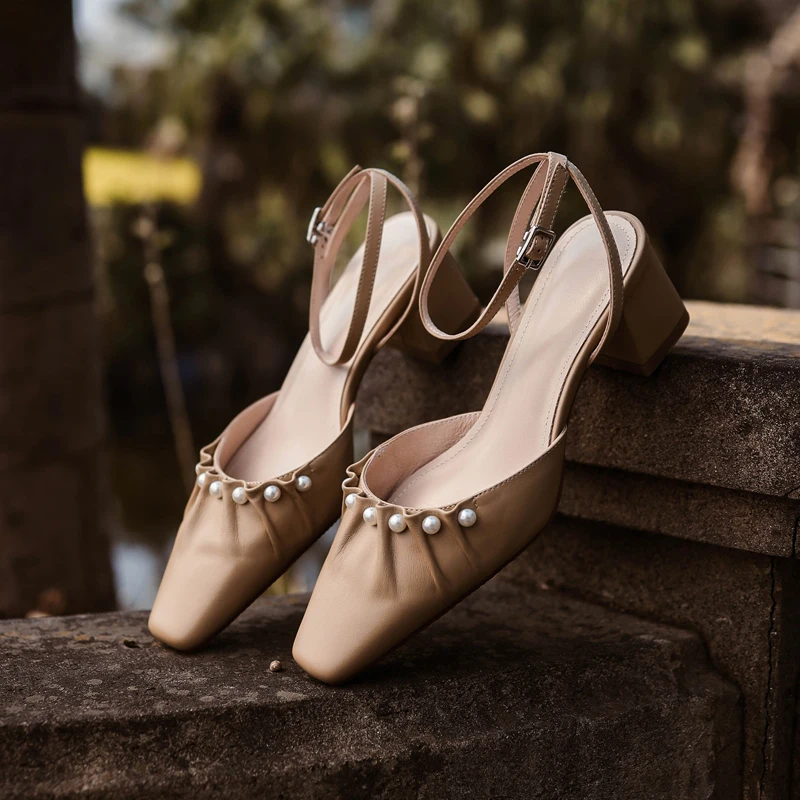 Ženska prirodna koža debela štikla kvadratnom čarapa gležanj remen pumpe perle deoration korejski stil slatki ljetne sandale cipele Slika  3