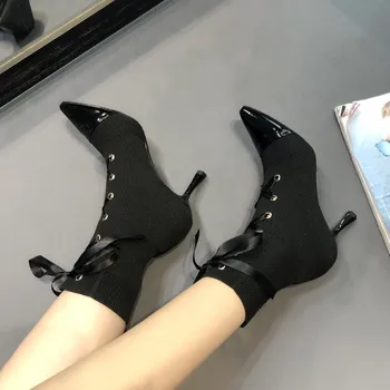 Mondeno Cipele Ženske Crne Čizme s oštrim vrhom čipka-up 7,5 cm Tanka štikla Elastična Gumena Pletene Seksi Čarapa Čizme Mujer