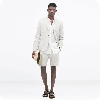2020 Ljetni Modni Kratke Hlače Bijele Lanene Muška Odijela za Plažu Vjenčanje Odijela Boje Bjelokosti Tuxedos Mladoženja Mladoženje Blazers