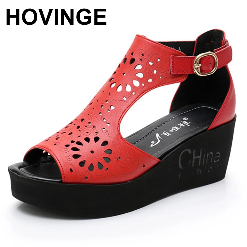 HOVINGE / Novost 2020 godine; Otvorene Sandale Od prave kože; Ženske cipele; Sandale na танкетке; Ljetna obuća; Ženske Modne Svakodnevne Sandale Slika  1