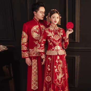 Tradicionalna Elegantan, Raskošan Vez Par Vjenčanica Mandarina Ovratnik Kineski Brak Cheongsam Vjenčanica