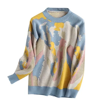 Pulover Okruglog izreza Modni kontrast Dugu džemper-Ulje na platnu Ženski Rukava pletene Casual Džemper