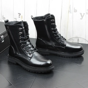 Muške svakodnevne moto cipele u stilu punk, crne cipele na platformu od prave kože; sezona proljeće-jesen; visoka kaubojske bot