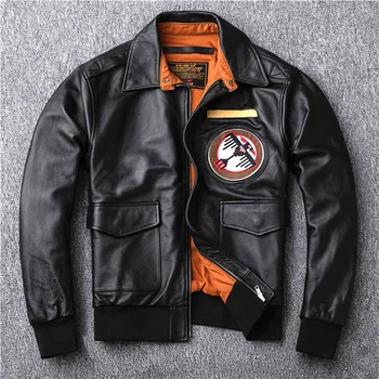Besplatna dostava.Topla muška klasična jakna-бомбер A2 od prave kože,crno pistu kožni kaput.Odjeća od bičevati velike veličine.