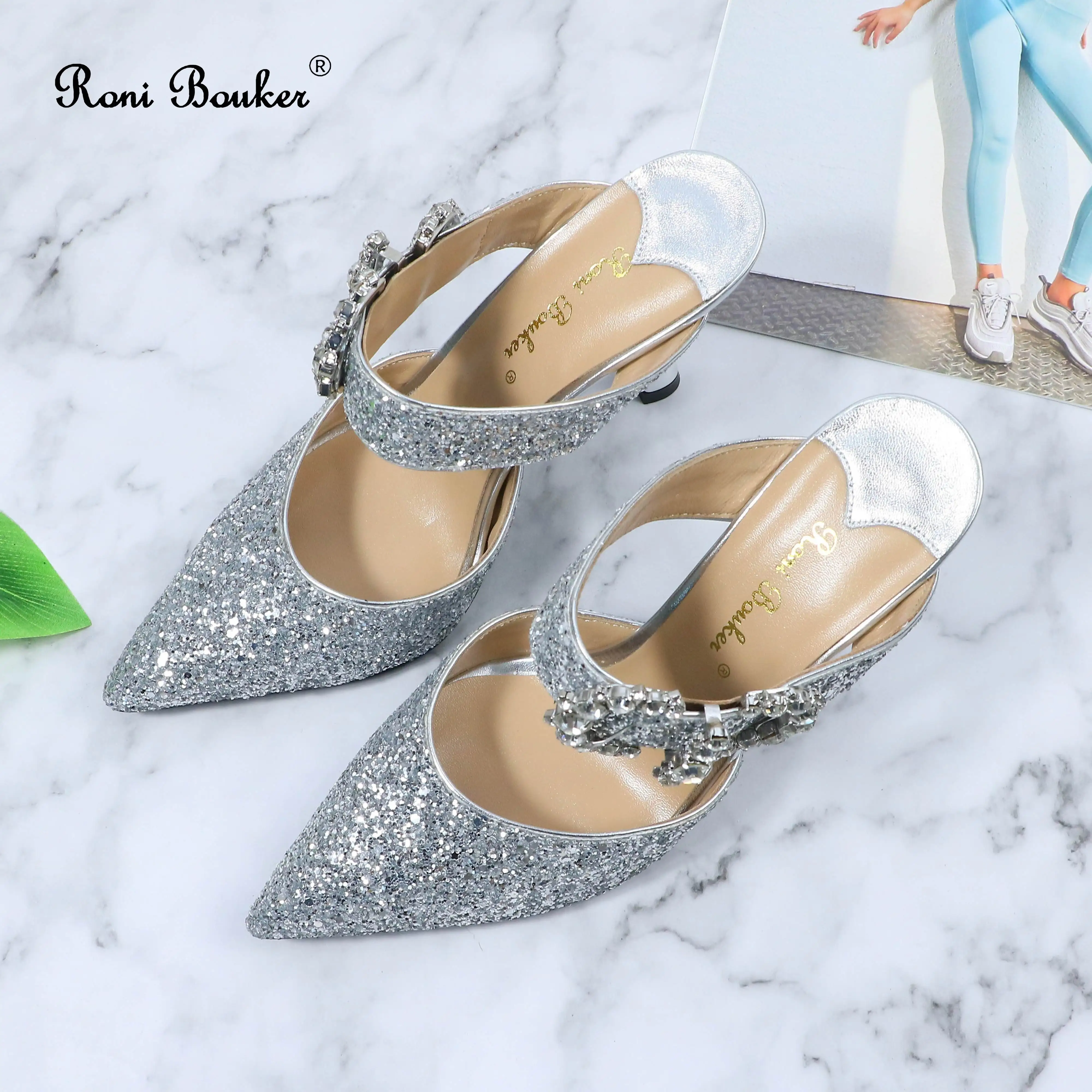 Roni Bouker / Modni Dizajner Ženske Srebrne Vjenčanje Cipele; Ženske Sandale Ručni Rad Od prave Kože s Visokim petama; Ženske Sandale s dijamantima Slika  3