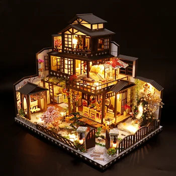 DIY Drveni Minijaturni Set Kuća Lutaka Japanski Vikendica Veliki je Casa Namještaj Vila lutkine Prikupljene Igračke za Djevojčice Božićni Pokloni