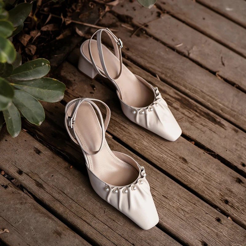 Ženska prirodna koža debela štikla kvadratnom čarapa gležanj remen pumpe perle deoration korejski stil slatki ljetne sandale cipele Slika  4