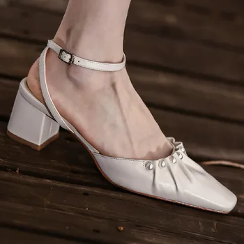 Ženska prirodna koža debela štikla kvadratnom čarapa gležanj remen pumpe perle deoration korejski stil slatki ljetne sandale cipele