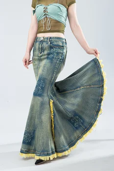 Personalizirane Tie-Obojena Ljuska Traper Duge Suknje, Ženske 2021 Nova Proljeće Ljeto Kićanka Ogroman Zamah Riblji Rep Traper suknja Moda