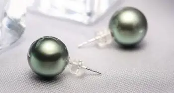 Besplatna dostava luksuzni Plemenite nakit fantastične AAA++ 10-11 mm tahitian crna zelena cijele biseri naušnice