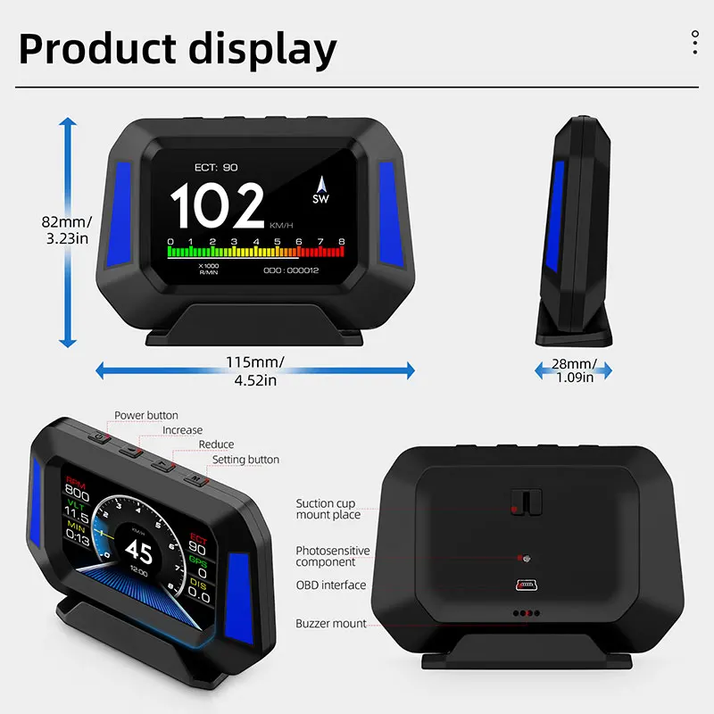 Auto Glavobolja, Višenamjenski Zaslon Brzina 3-u-1 Mjerač nagiba Sat OBD2+GPS+Gradient Metar LCD Zaslon Treperi Alarm 3,5 inča Slika  2