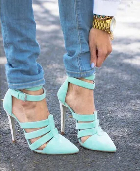 Svijetlo plava oštar nos parhet ženske sandale выдалбливают visoku petu trendi sandale gležanj buckle sandale Stilet peta pumpe