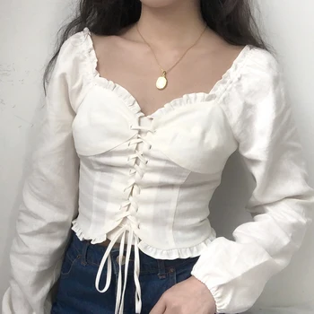 Lolita Klasicni Pokrivač Košulja Drveni Uho Remen Košulja S Dugim rukavima Ženska Bijela Košulja