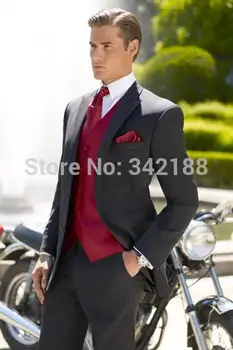 Novi Dizajn Crnci Tuxedos Mladoženja s crvenim prslukom Mladoženje Gospodo Svadbene Nošnje Najbolja muška Odijela za Vjenčanje muška odjeća